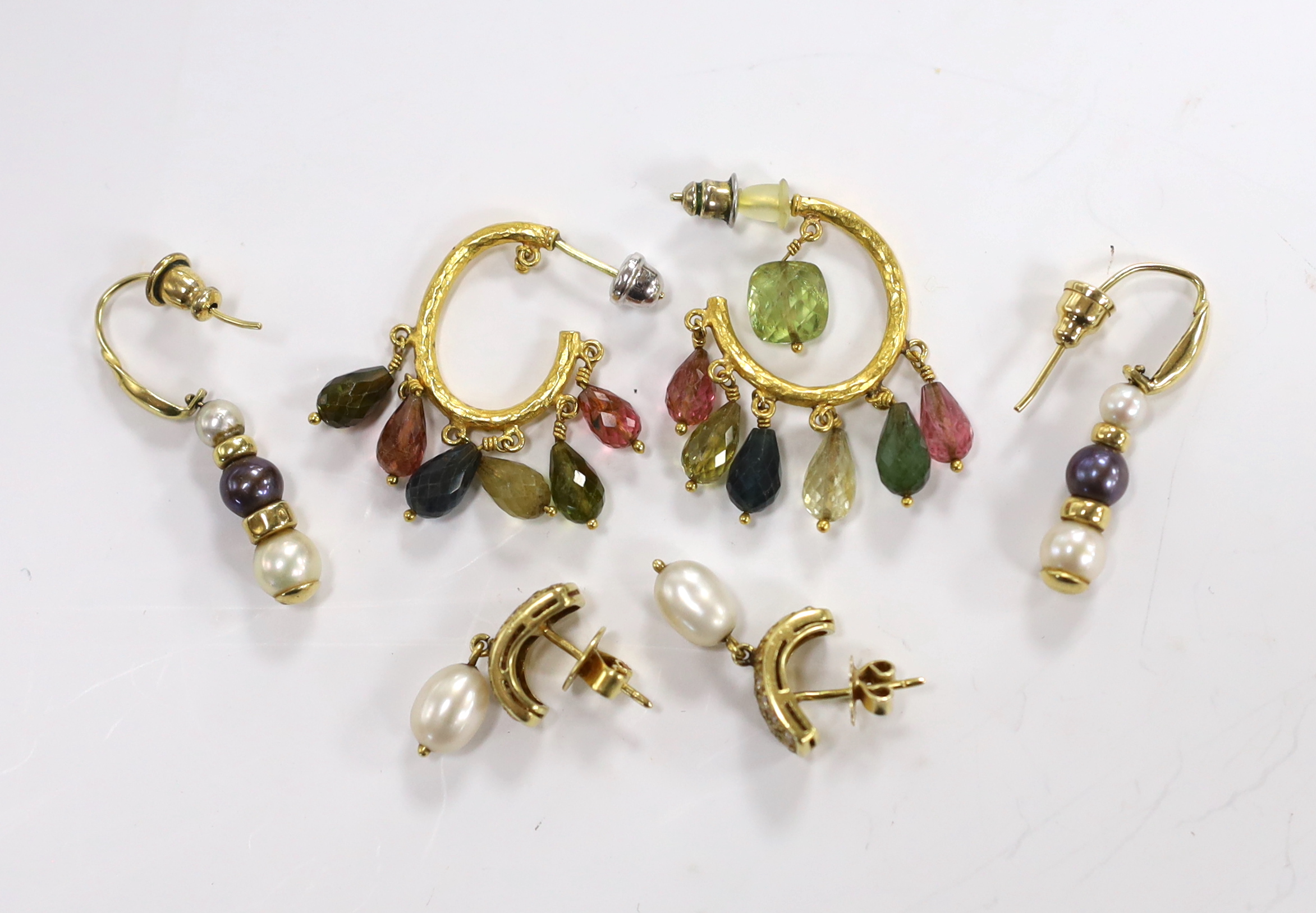 A pair of yellow metal, cultured pearl and diamond cluster set drop earrings, stamped 14, 21mm, gross weight 6 grams and two other pairs of earrings, including gem set cluster drop.